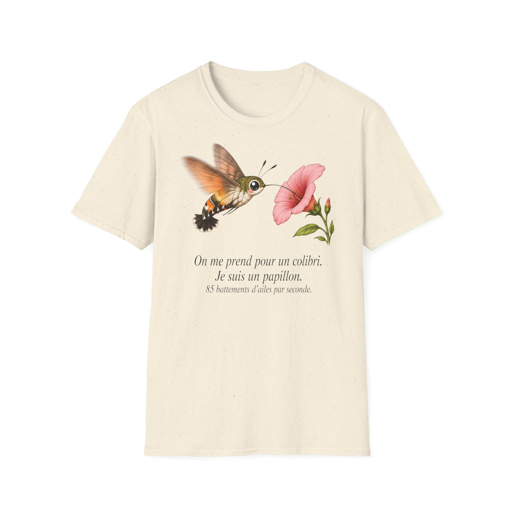 T-shirt fleuri avec colibri et coquelicot — « On me prend pour un colibri, je suis un papillon »