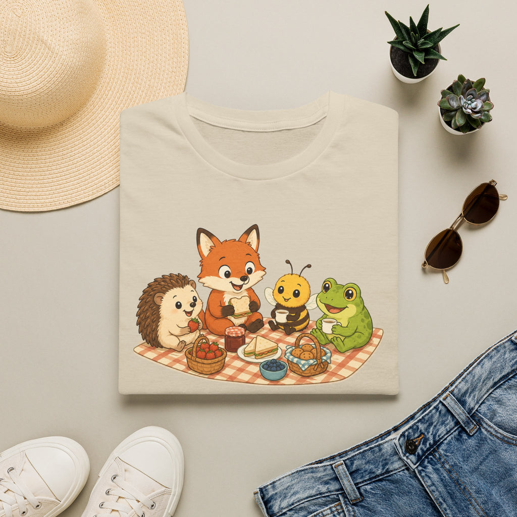 T-shirt enfant « Pique-nique des animaux » — Renard, hérisson, abeille et grenouille — Adorable illustration « Meilleure tablée »