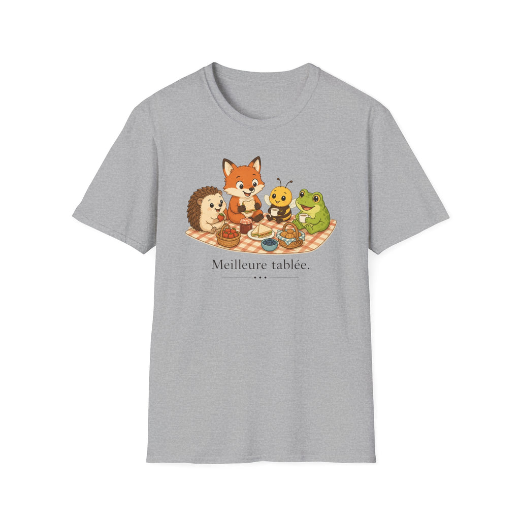 T-shirt enfant « Pique-nique des animaux » — Renard, hérisson, abeille et grenouille — Adorable illustration « Meilleure tablée »