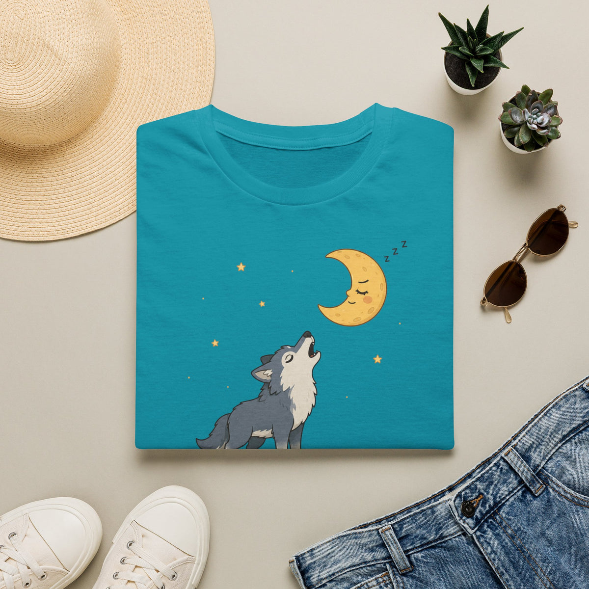 T-shirt Loup hurlant à la lune — Adorable illustration du ciel nocturne