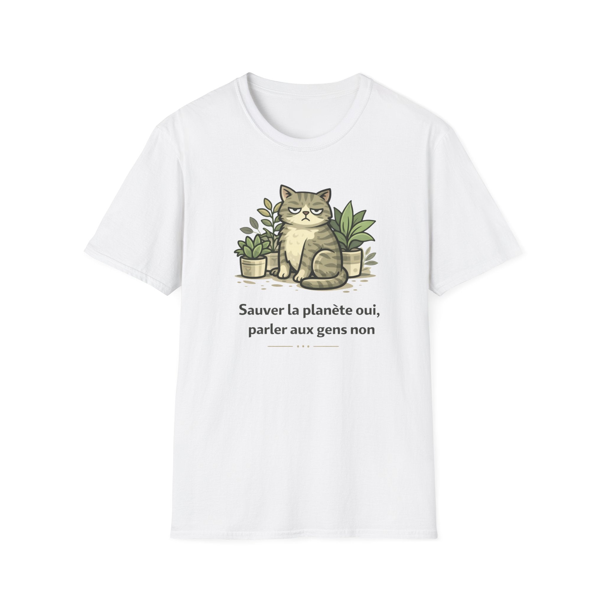 Cat & Plants T‑Shirt — "Sauver la planète oui, parler aux gens non" Eco Cat Graphic Tee