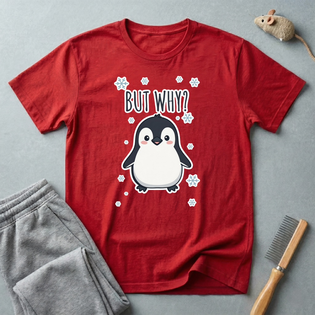 T-shirt pingouin «But Why?» — T-shirt graphique d’hiver mignon