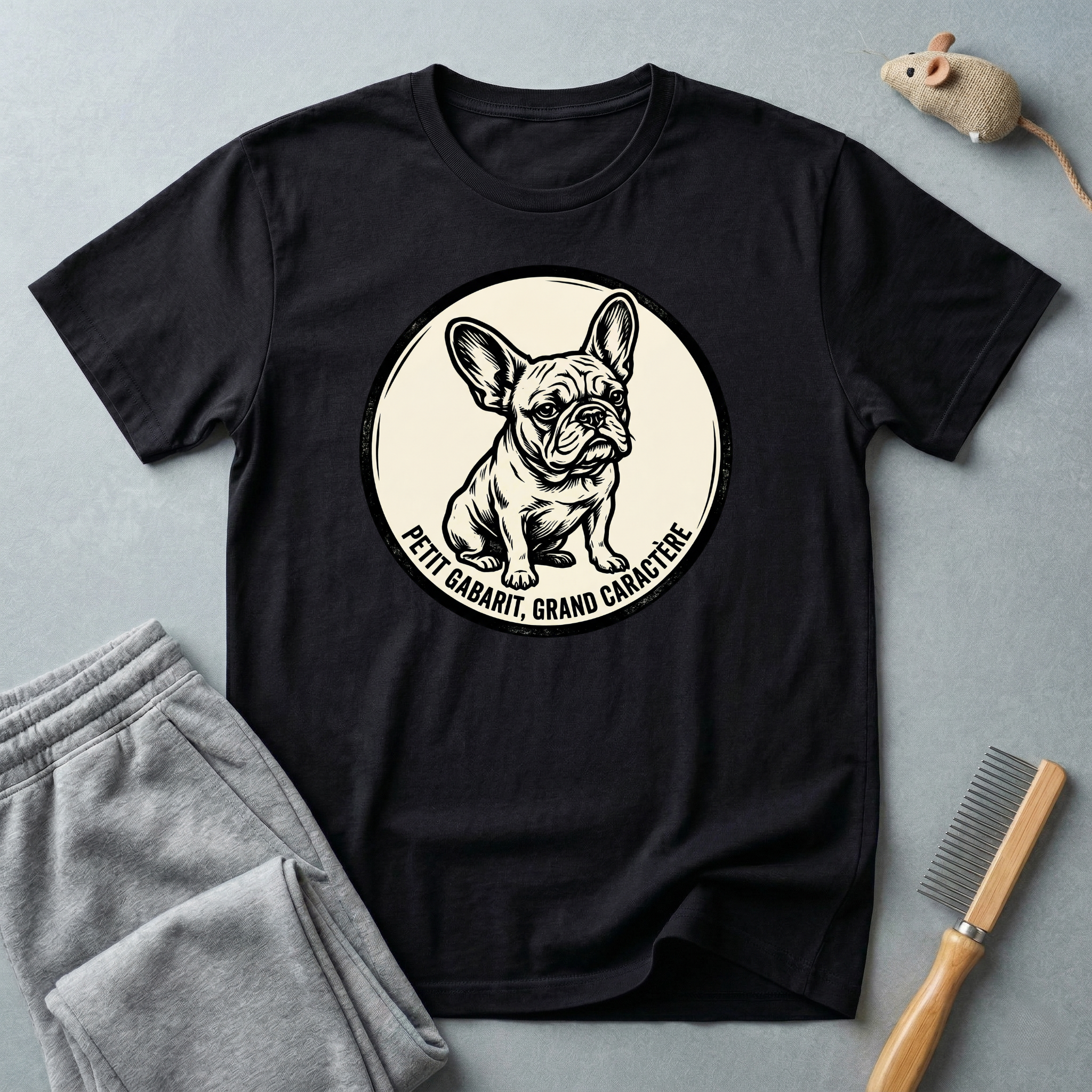 T-shirt graphique Bouledogue Français — «Courage mignon, grand caractère» Badge vintage