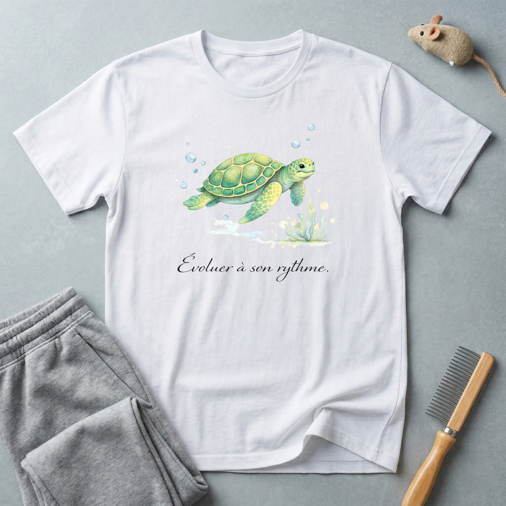 T-shirt aquarelle Tortue marine — T-shirt océan «Évoluer à son rythme.»