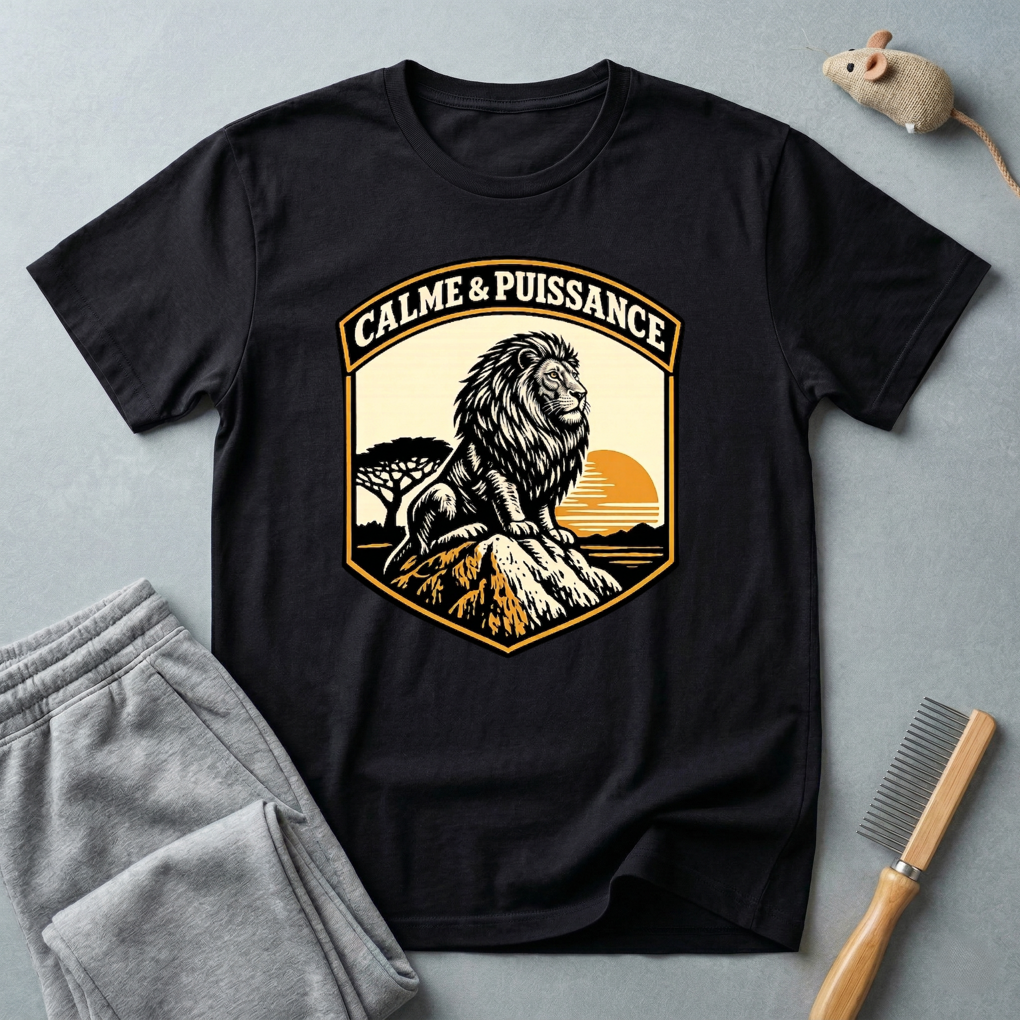 T-shirt graphique Lion «Calme & Puissance» — T-shirt vintage safari au coucher de soleil