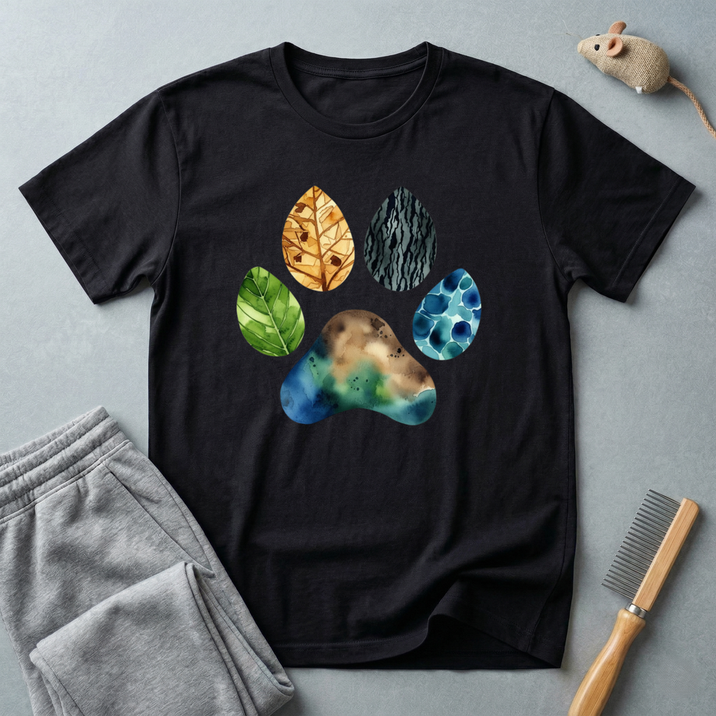 T-shirt empreinte de patte nature — motif coloré de patte en feuilles et pierres