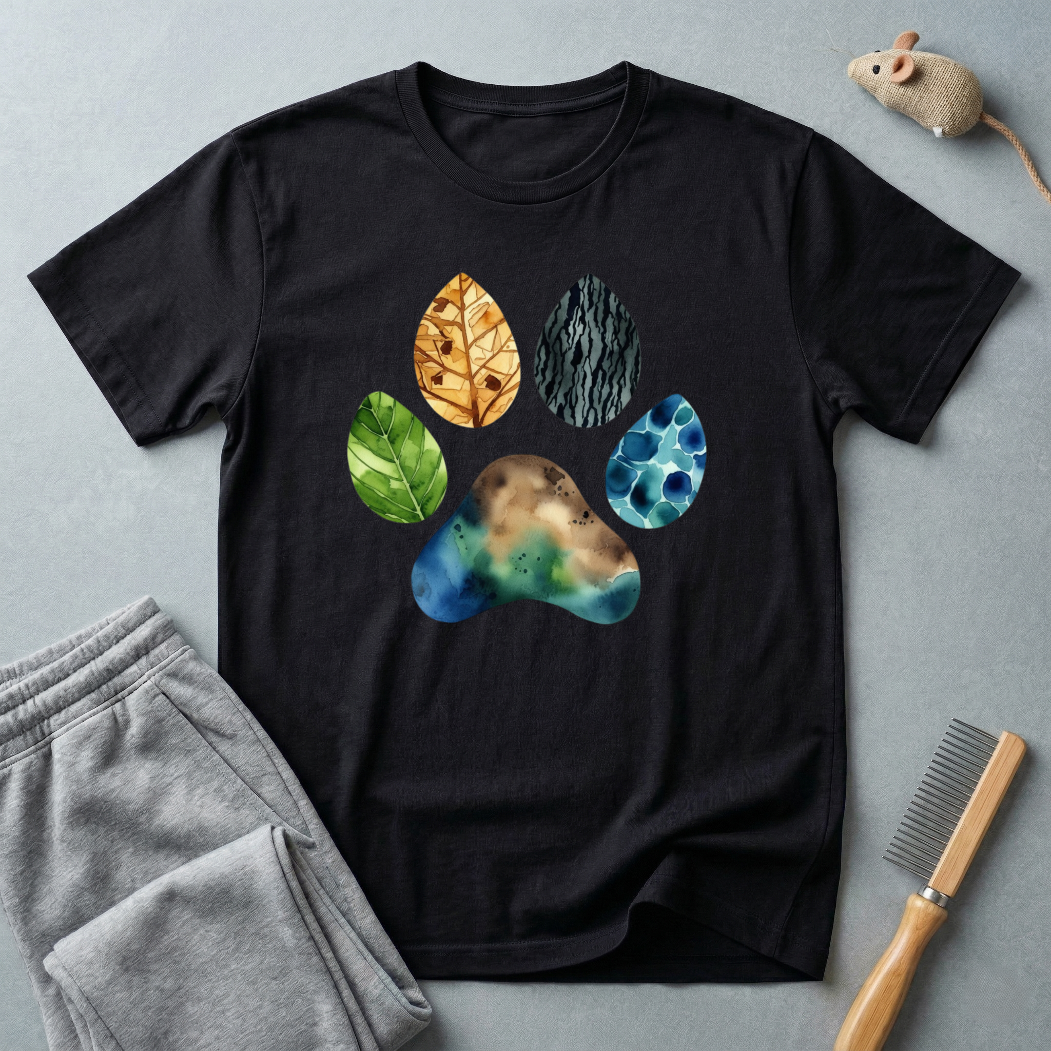 T-shirt empreinte de patte nature — motif coloré de patte en feuilles et pierres