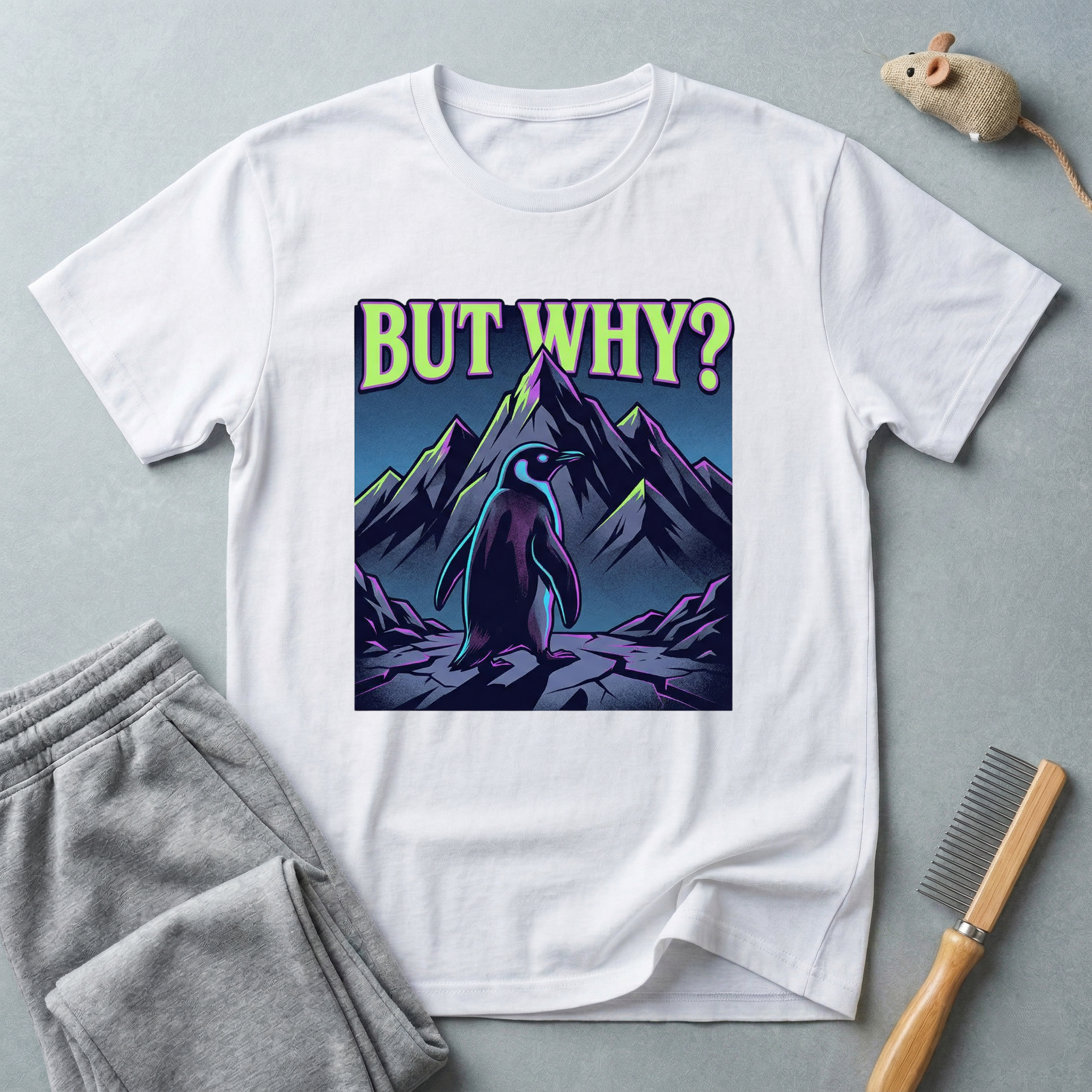 T-shirt — Silhouette de montagne minimaliste avec motif pingouin «But Why»