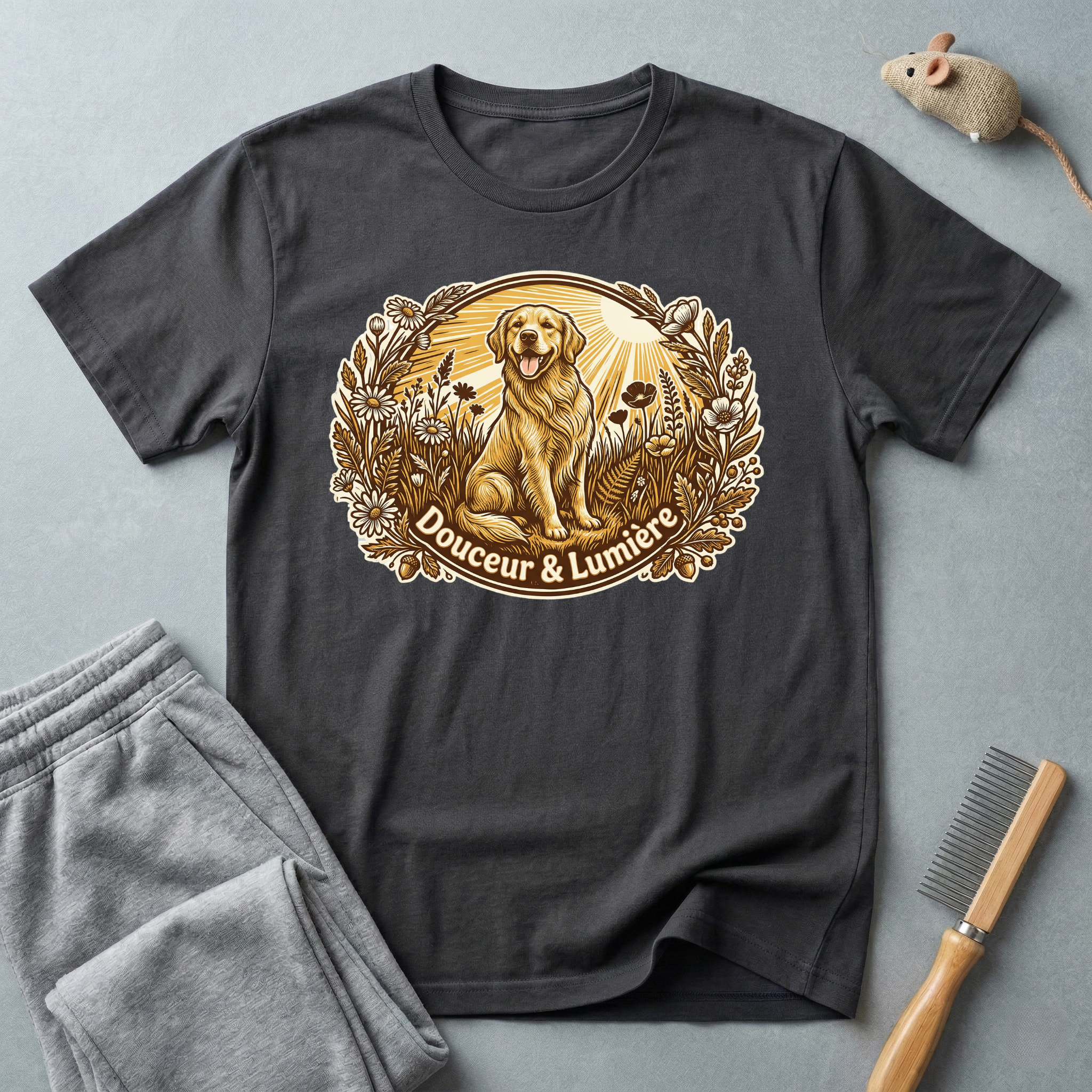 T-shirt Golden Retriever floral — T-shirt graphique chien vintage «Douceur & Lumière»