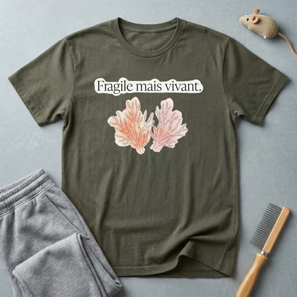 T-shirt floral « Fragile mais vivant. » — T-shirt citation française avec illustration botanique pastel