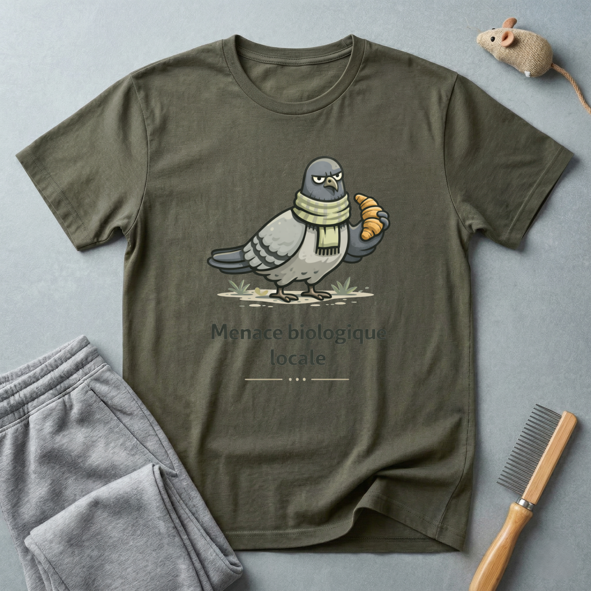 T-Shirt — "Menace biologique locale" Pigeon avec une écharpe et un croissant