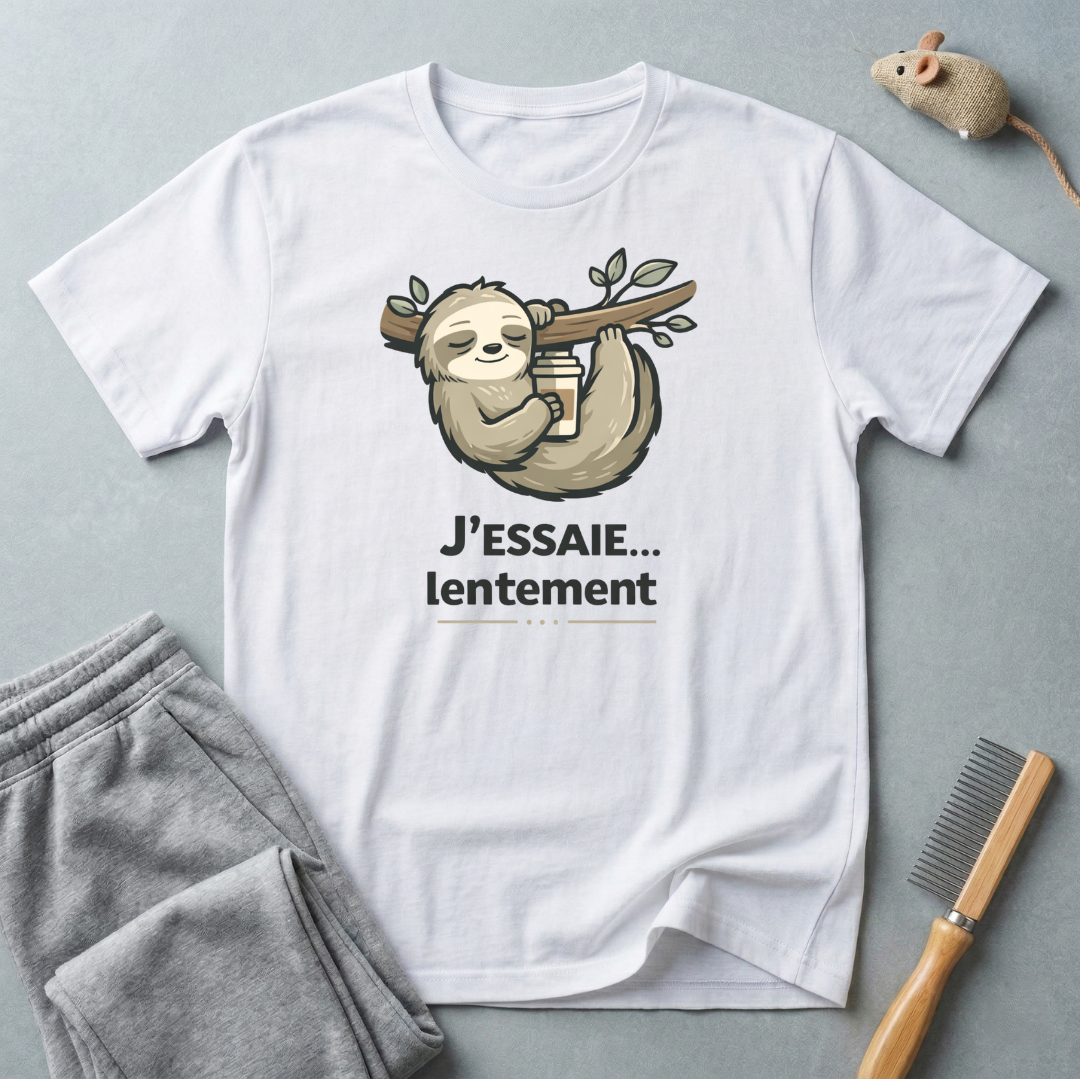T-shirt paresseux café — «J’essaie… lentement»