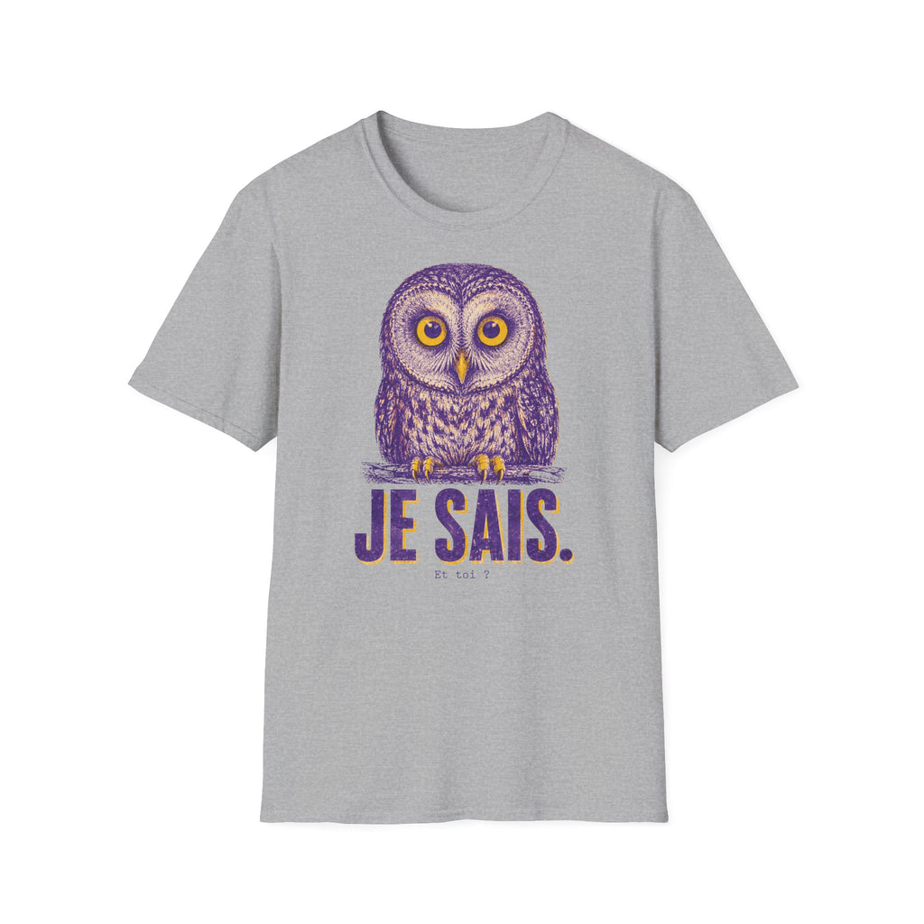 T-shirt graphique avec hibou — Hibou violet avec inscription « Je sais. »