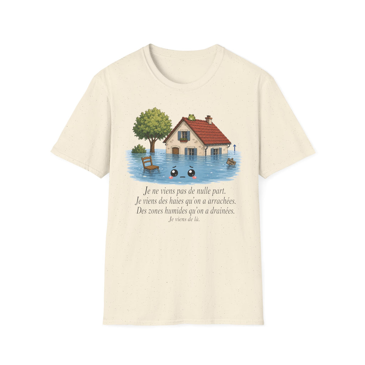 T-shirt « Maison inondée » — Adorable illustration kawaii d’une maison dans les eaux montante