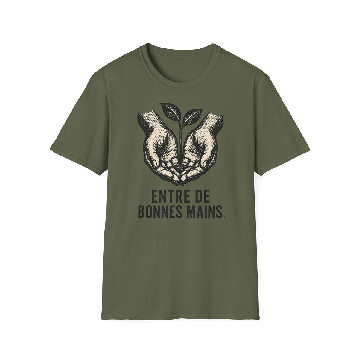 T-shirt — « Entre de bonnes mains » — Illustration graphique de mains tenant une jeune pousse