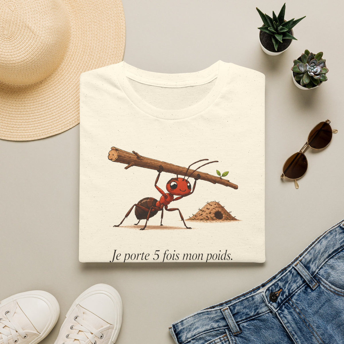 T-shirt — « Je porte 5 fois mon poids » — Illustration humoristique d’une fourmi portant une charge