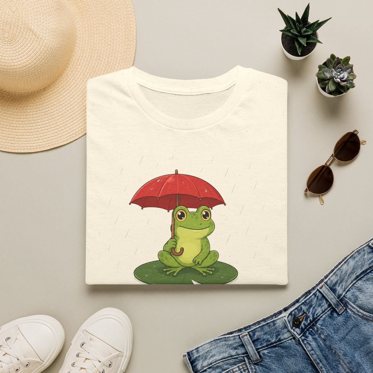 T-shirt Grenouille au parapluie rouge — Adorable illustration « Prévoyante »