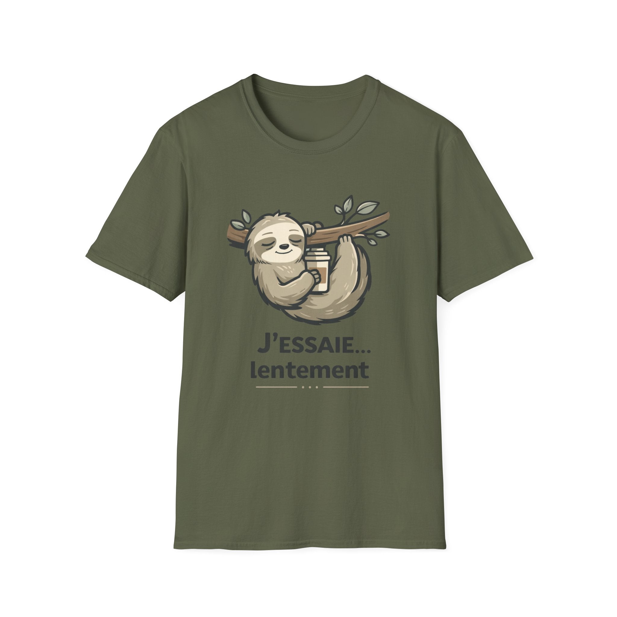 Sloth Coffee T‑Shirt — "J'essaie... lentement" Cute Relaxed French Graphic Tee