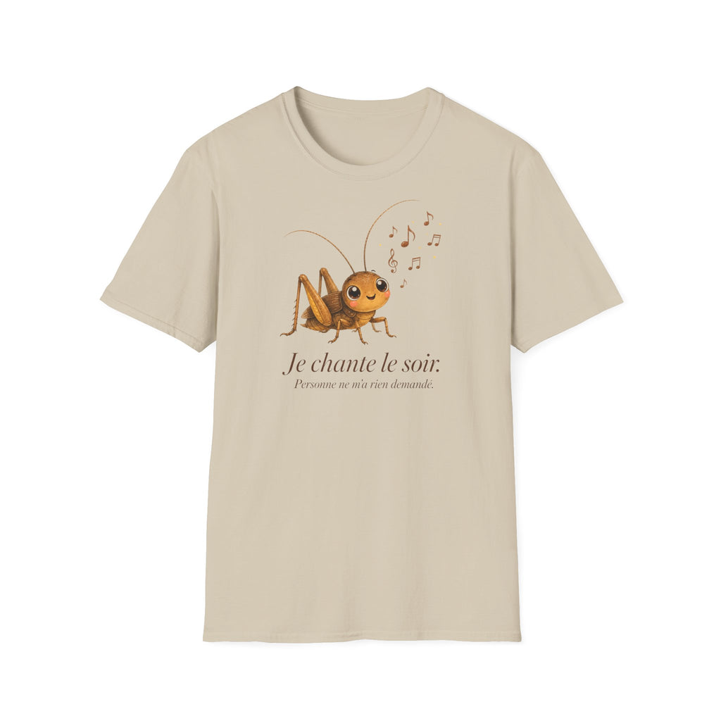 T-shirt illustré avec grillon — « Je chante le soir » — Adorable grillon chanteur