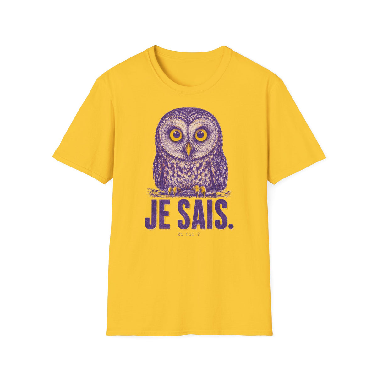 T-shirt graphique avec hibou — Hibou violet avec inscription « Je sais. »