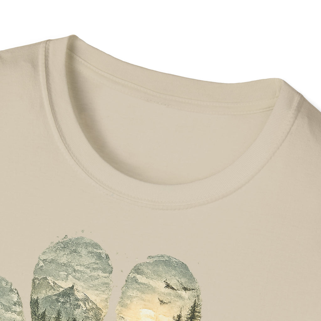 Wild Paw Landscape T-Shirt — Mountain Forest Paw Print Nature Tee