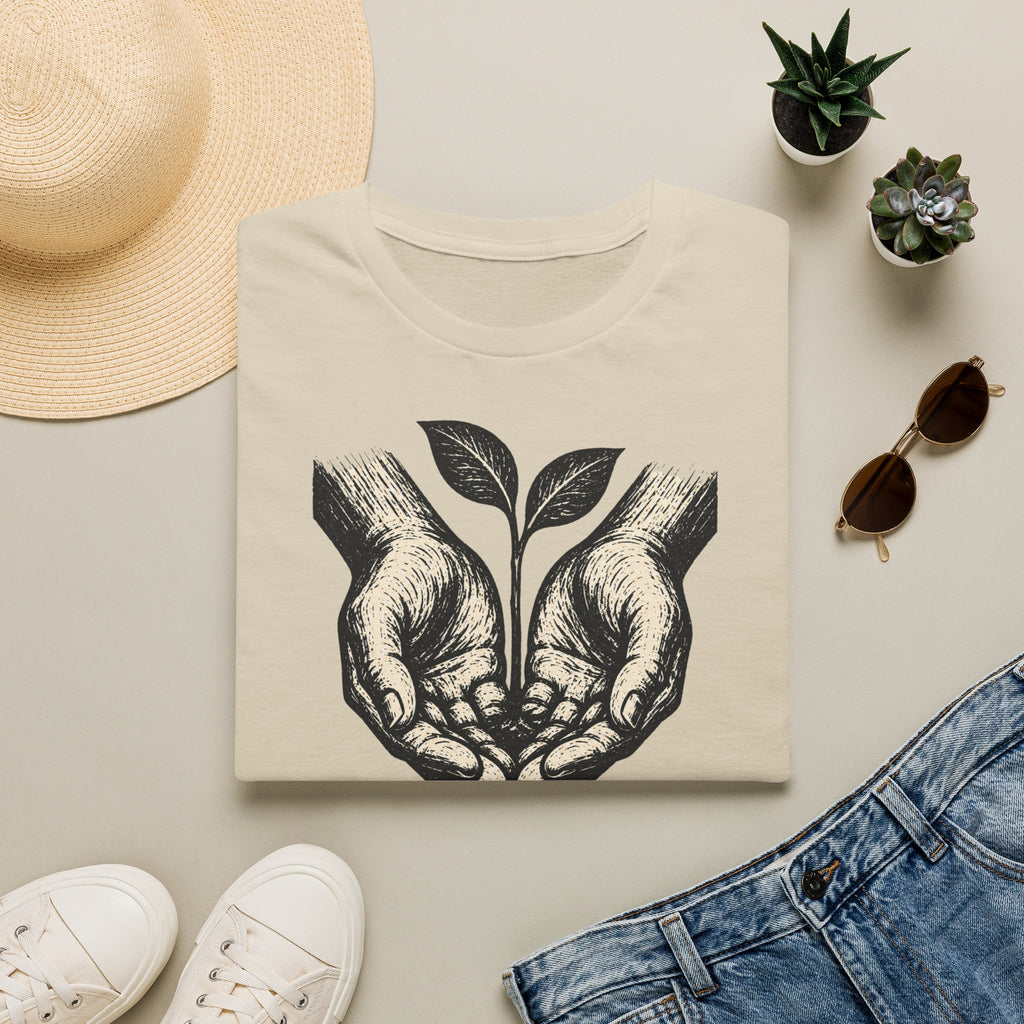 T-shirt — « Entre de bonnes mains » — Illustration graphique de mains tenant une jeune pousse