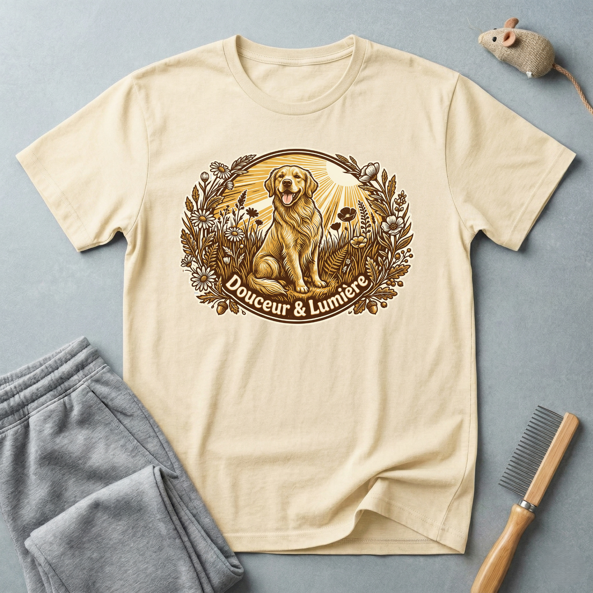T-shirt Golden Retriever floral — T-shirt graphique chien vintage «Douceur & Lumière»