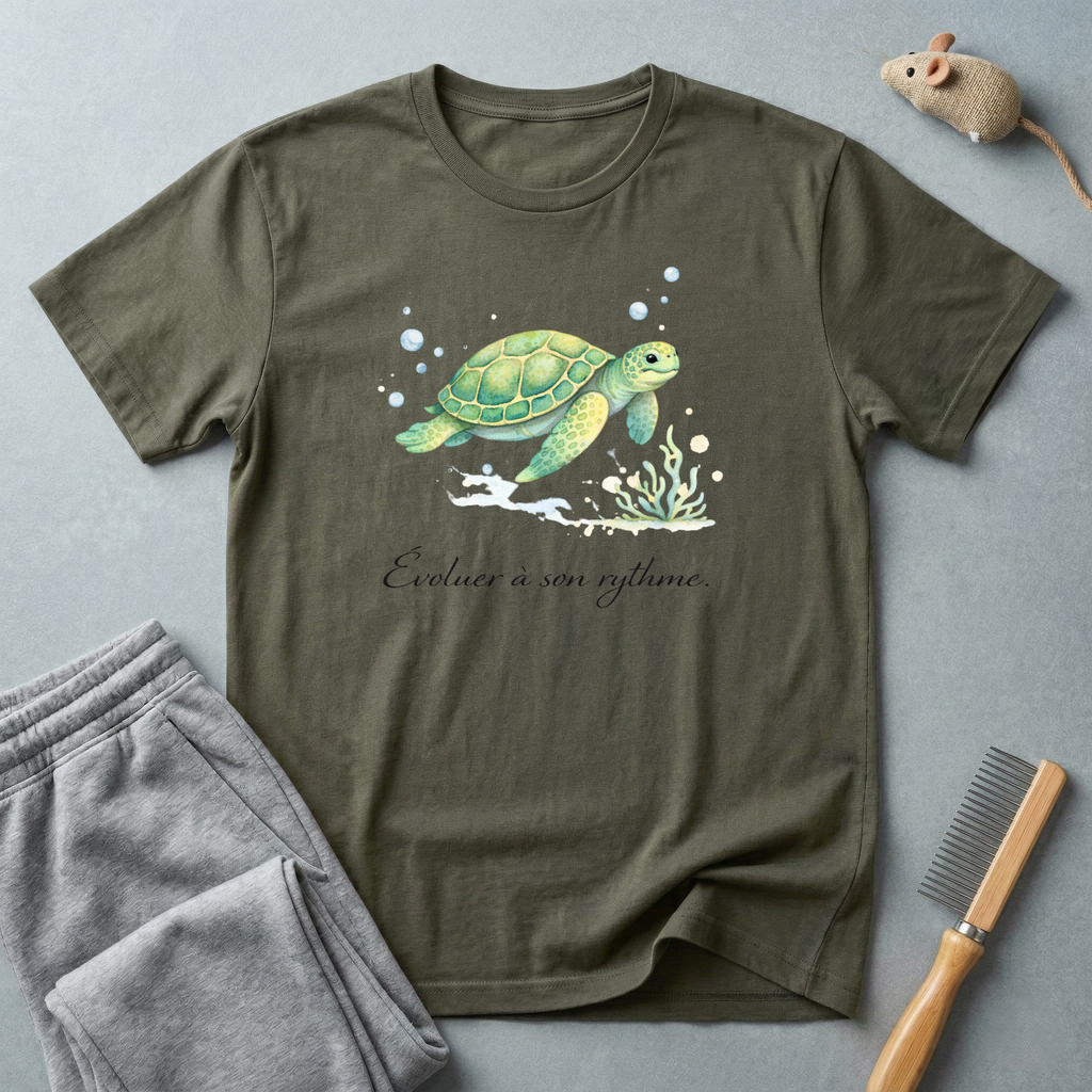 T-shirt aquarelle Tortue marine — T-shirt océan «Évoluer à son rythme.»