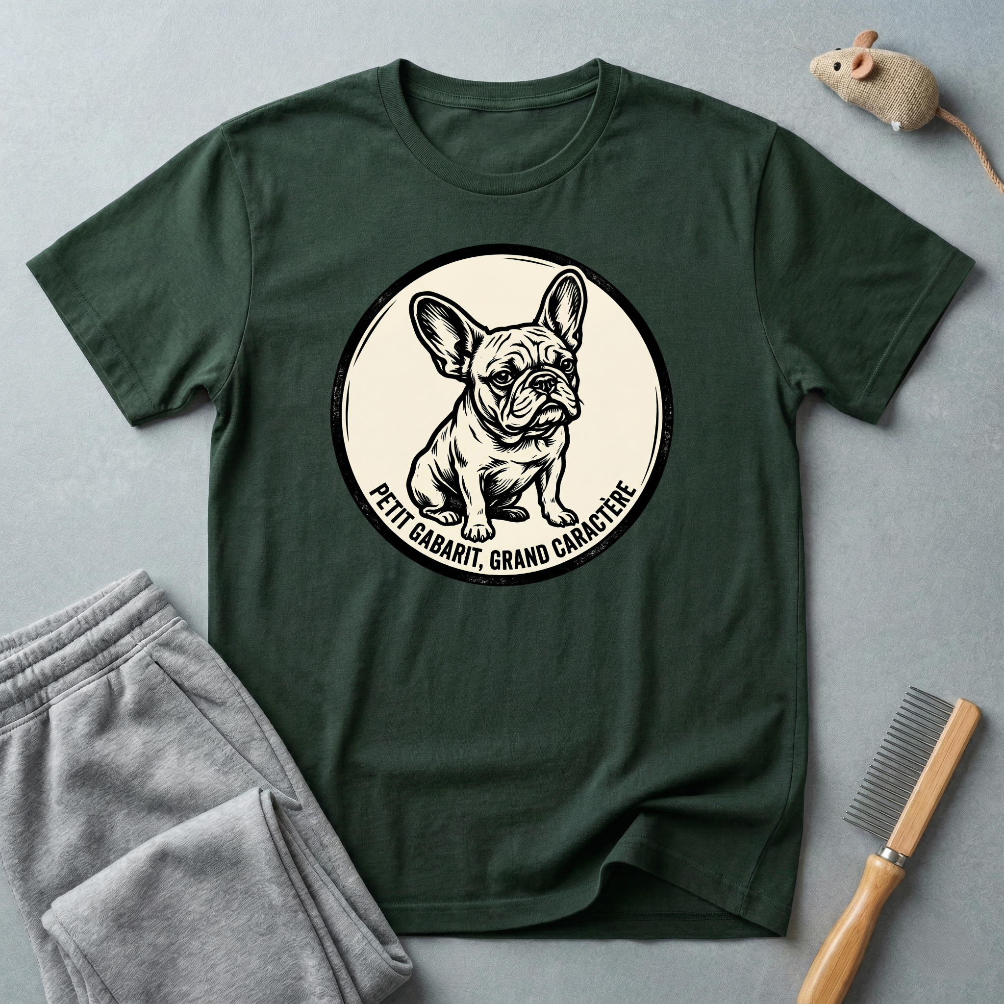 T-shirt graphique Bouledogue Français — «Courage mignon, grand caractère» Badge vintage