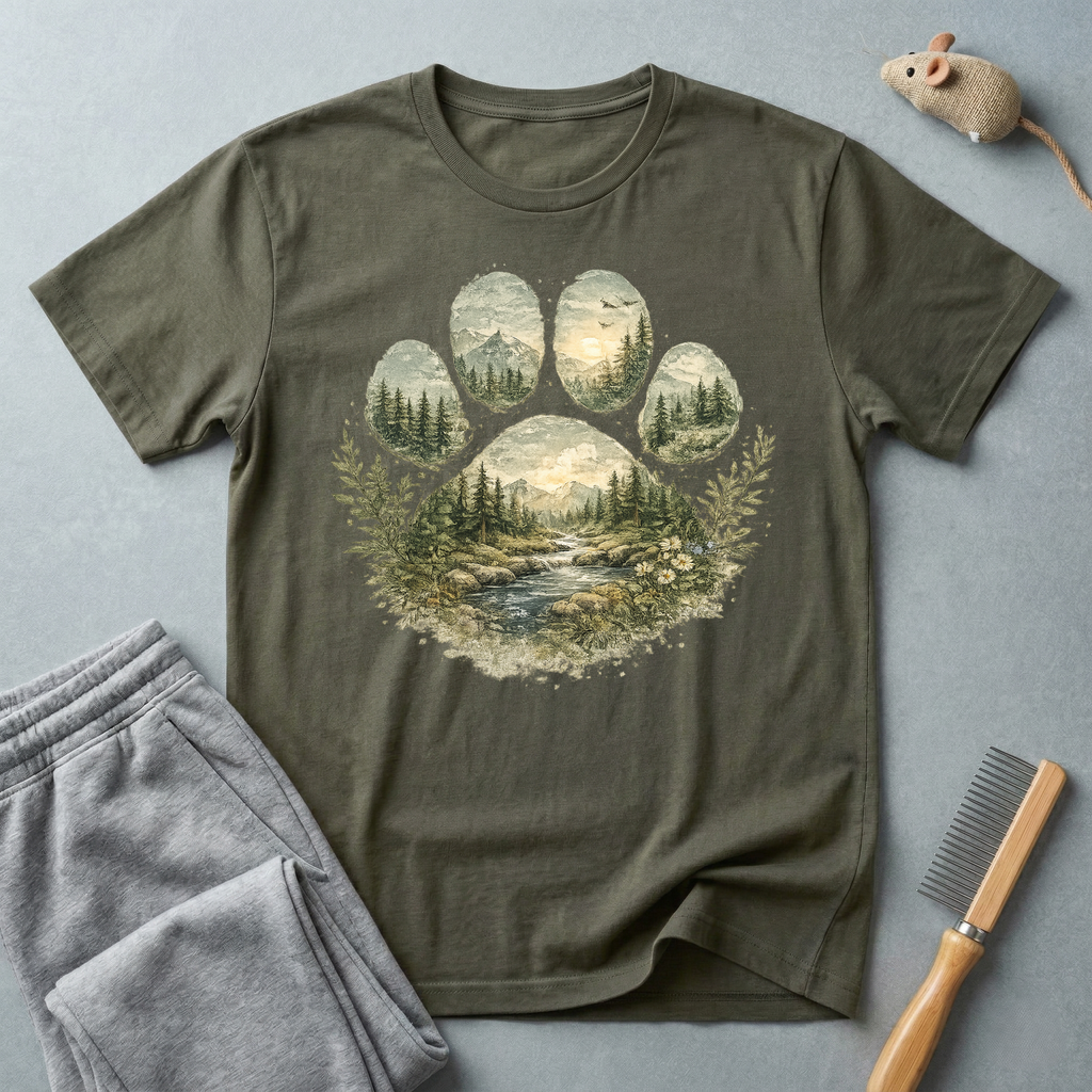 T-shirt paysage «Patte sauvage» — T-shirt nature avec empreinte de patte en forêt de montagne