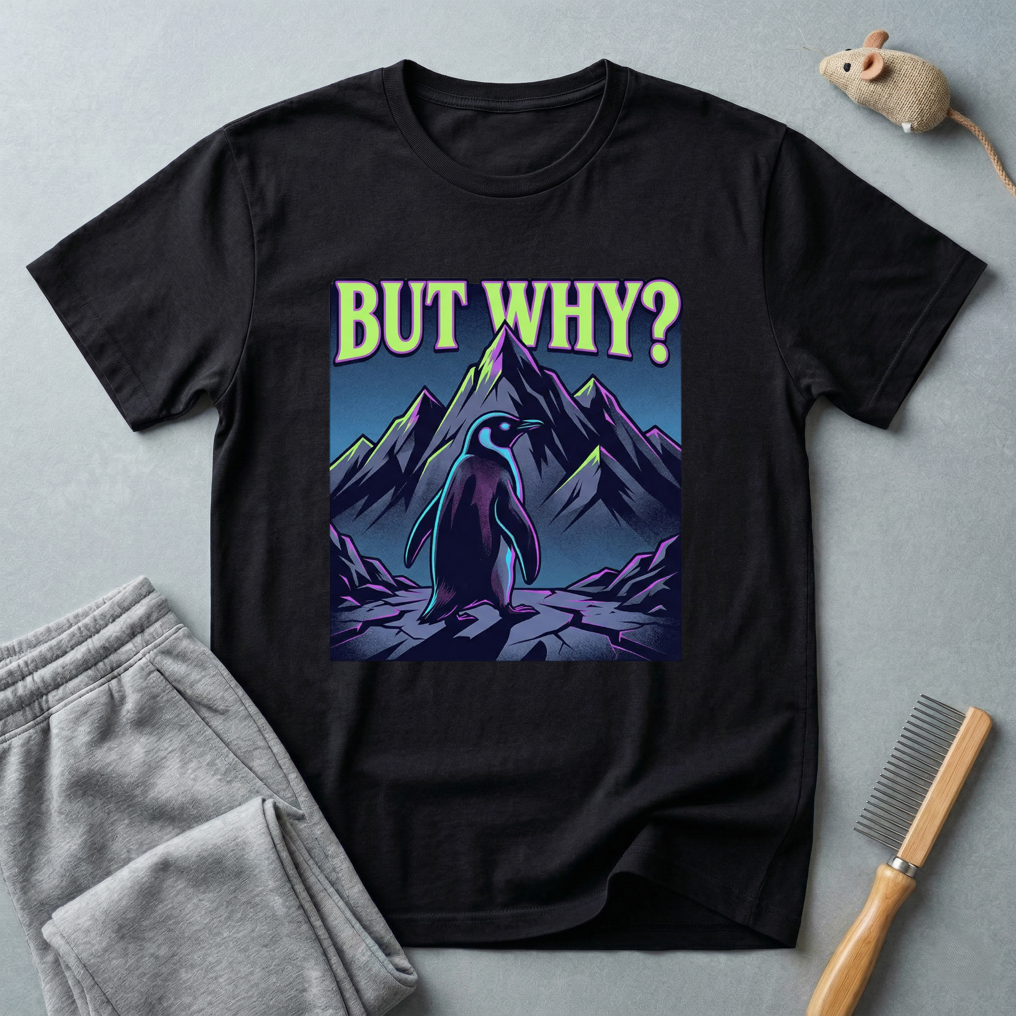 T-shirt — Silhouette de montagne minimaliste avec motif pingouin «But Why»