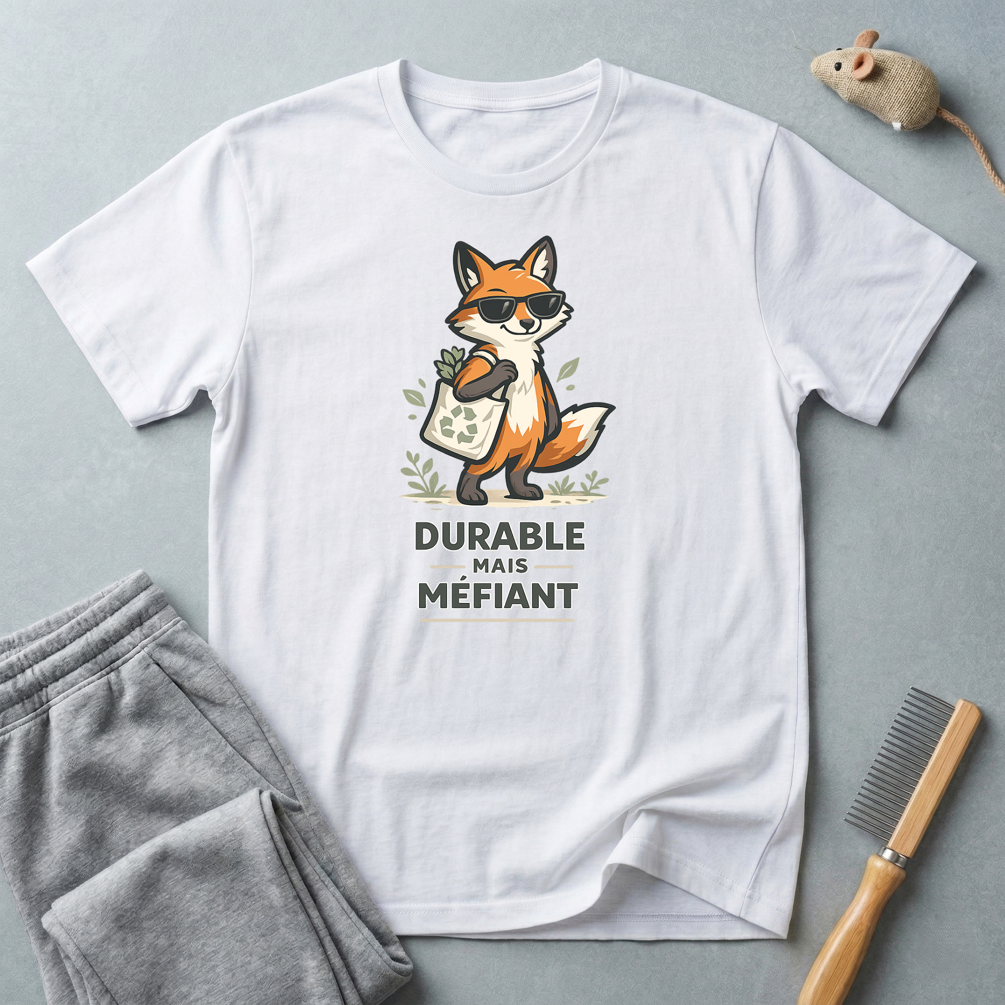 T-shirt illustration de renard — "Durable Mais Méfiant"