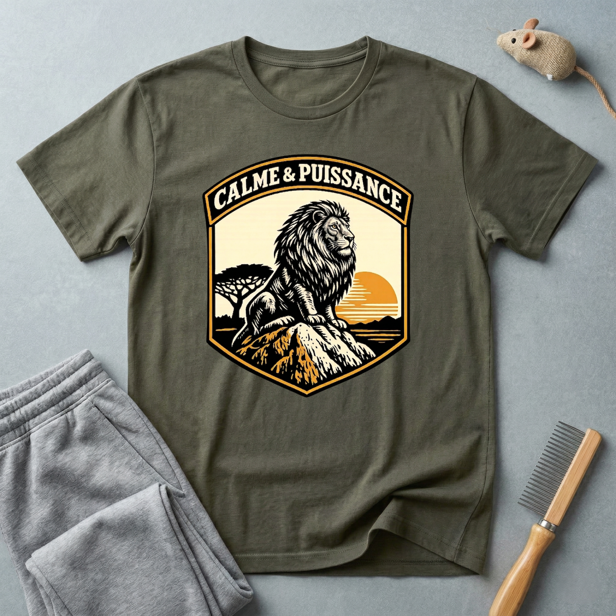 T-shirt graphique Lion «Calme & Puissance» — T-shirt vintage safari au coucher de soleil