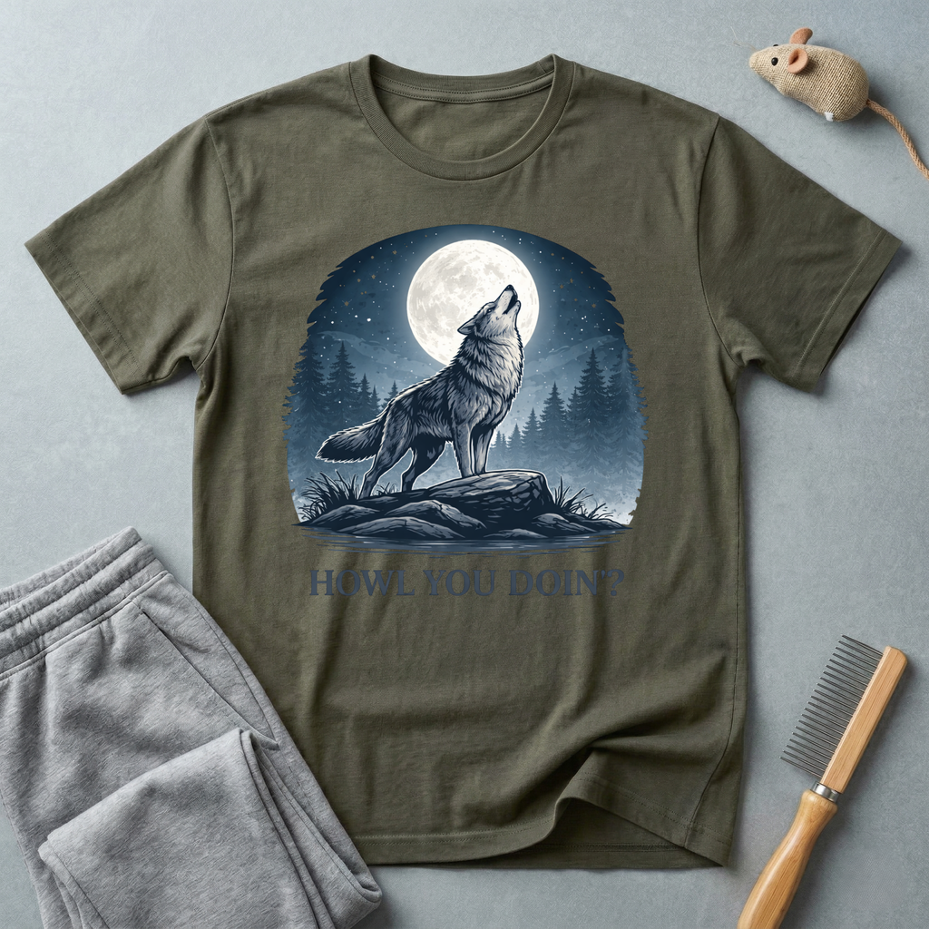 Howling Wolf T-Shirt — Moonlit Forest Graphic T-Shirt “Howl You Doin?”