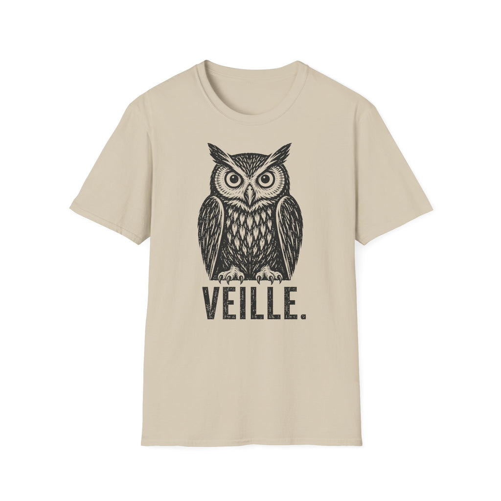 T-shirt illustré avec hibou — « VEILLE. » — T-shirt graphique vintage de veille nocturne