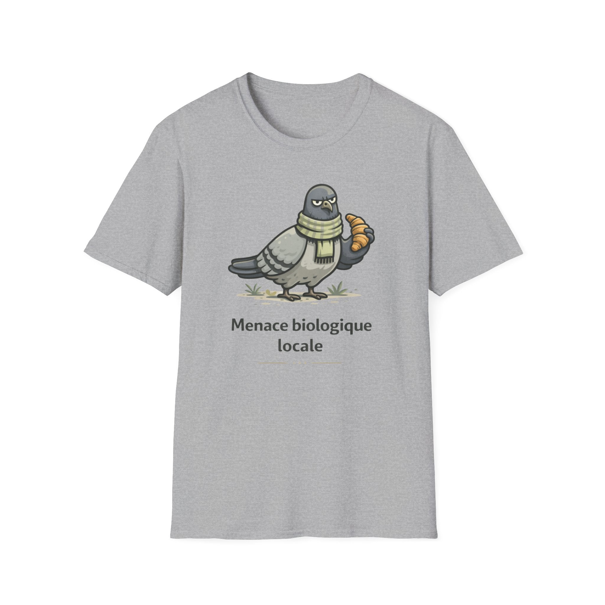 T-Shirt — "Menace biologique locale" Pigeon with Scarf and Croissant Cute Graphic
