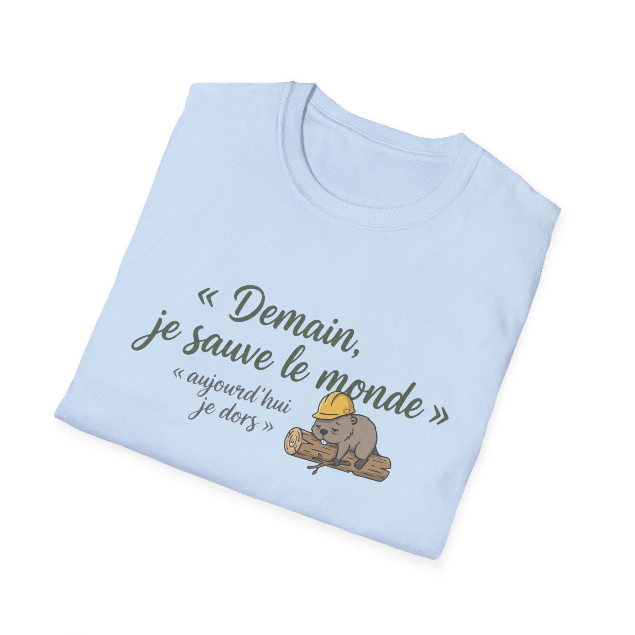 T-Shirt — "Demain, je sauve le monde" Cute Sleeping Sloth French Graphic Tee