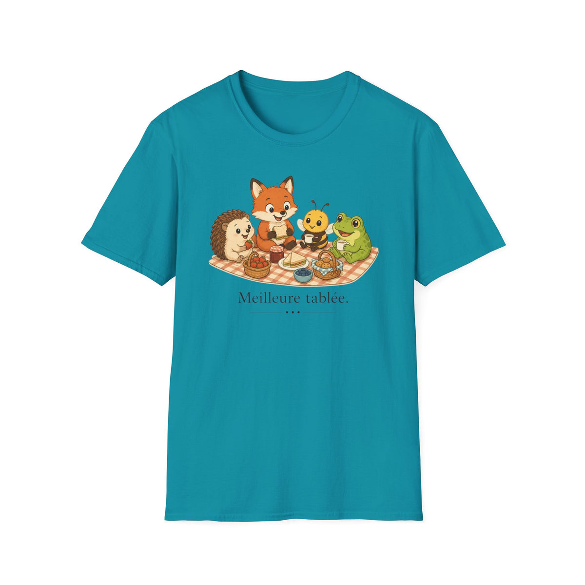 T-shirt enfant « Pique-nique des animaux » — Renard, hérisson, abeille et grenouille — Adorable illustration « Meilleure tablée »