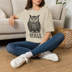 T-shirt illustré avec hibou — « VEILLE. » — T-shirt graphique vintage de veille nocturne