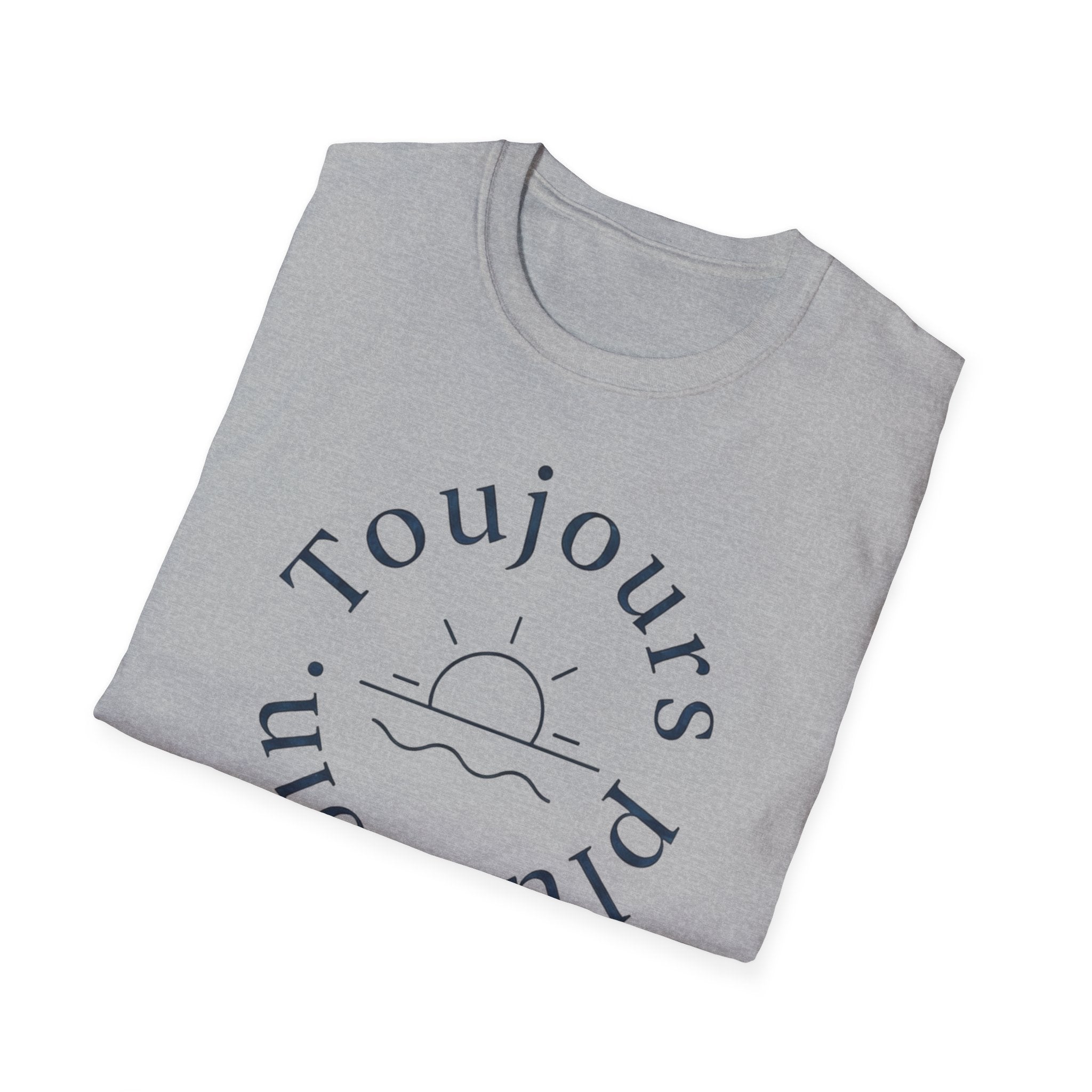 T-shirt «Toujours Plus Loin» — T-shirt graphique minimaliste lever de soleil