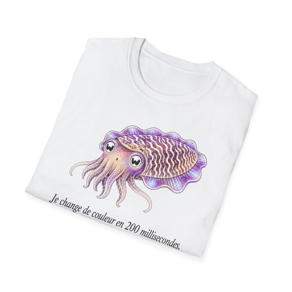 T-shirt illustré avec une seiche — « Je change de couleur en 200 millisecondes »