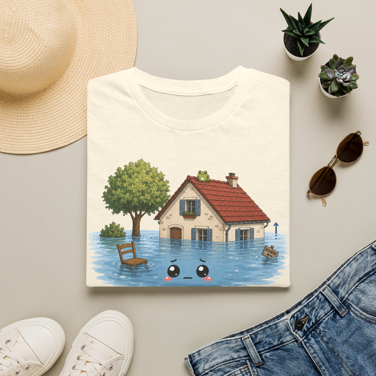 T-shirt « Maison inondée » — Adorable illustration kawaii d’une maison dans les eaux montante