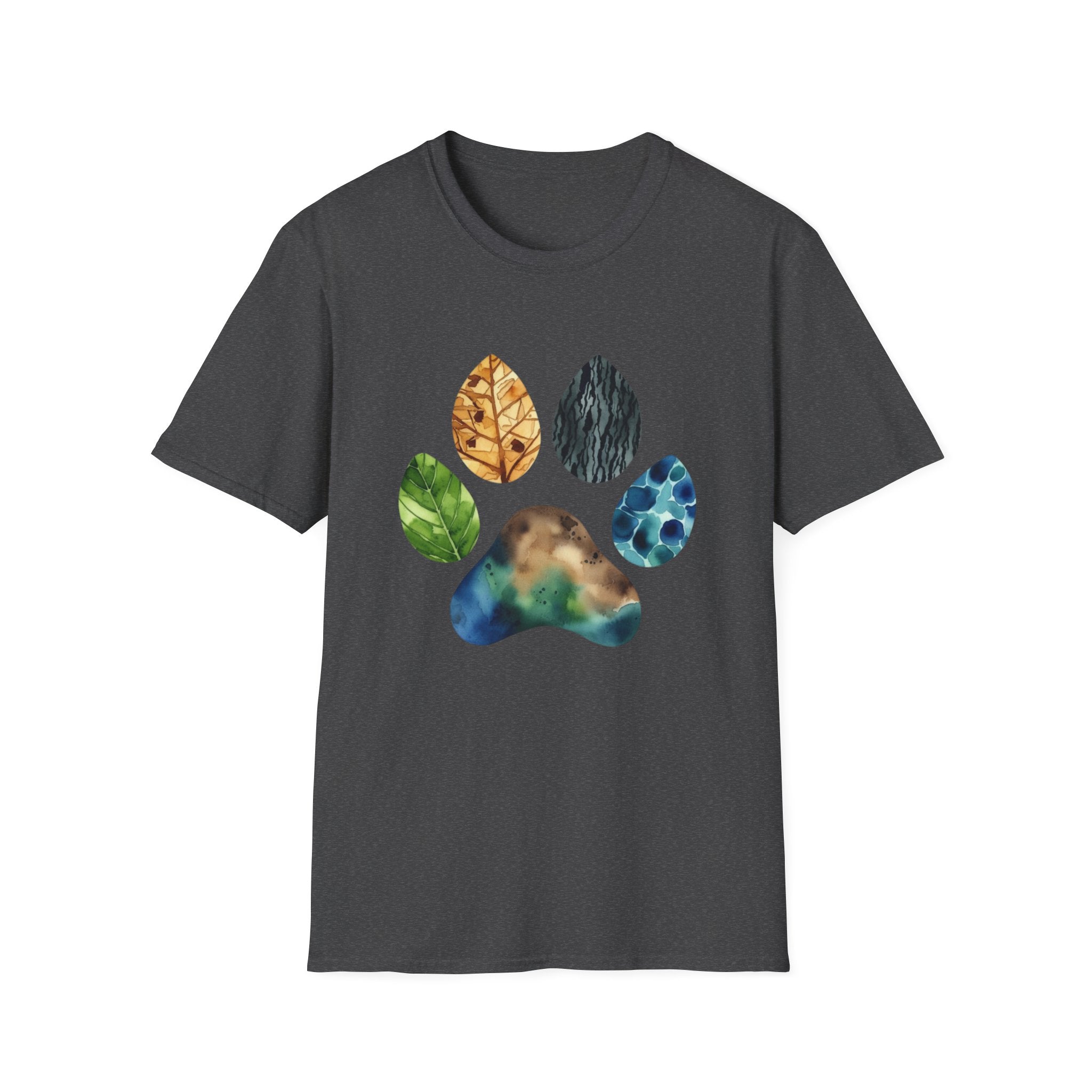 Nature Paw Print T-Shirt — Colorful Leaf & Stone Paw Design
