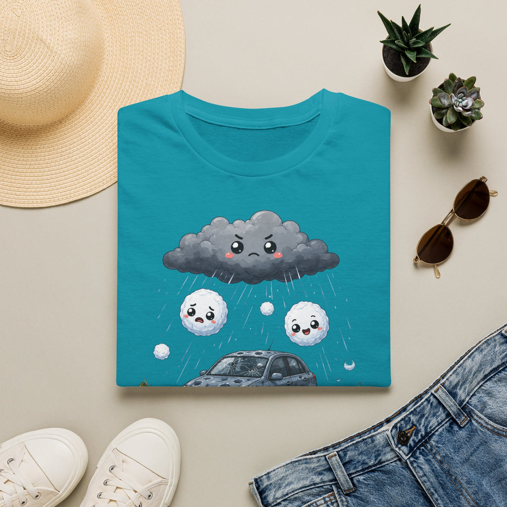 T-shirt — Nuage de pluie mignon avec gouttes de pluie tristes et voiture — Illustration météo drôle et adorable