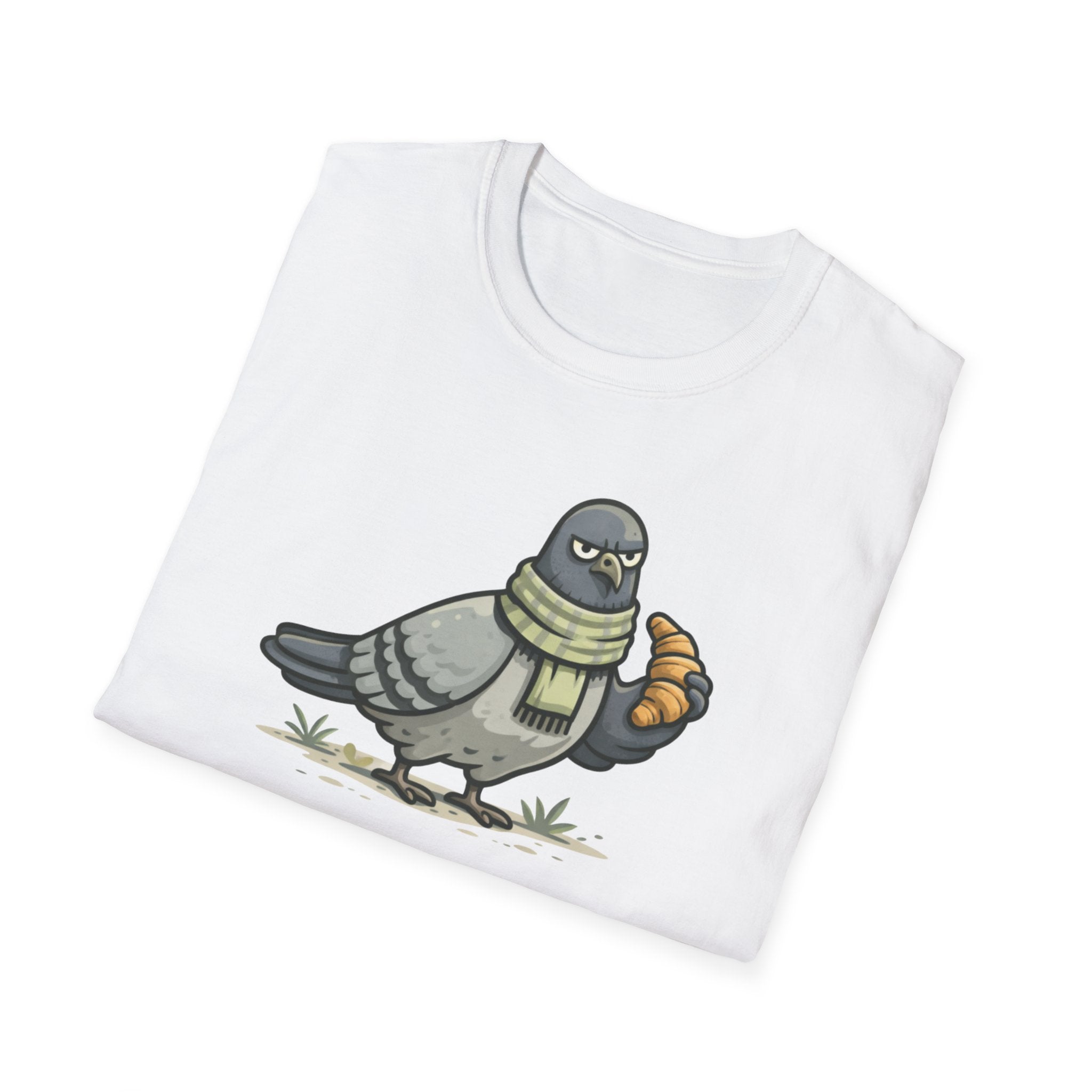 T-Shirt — "Menace biologique locale" Pigeon with Scarf and Croissant Cute Graphic