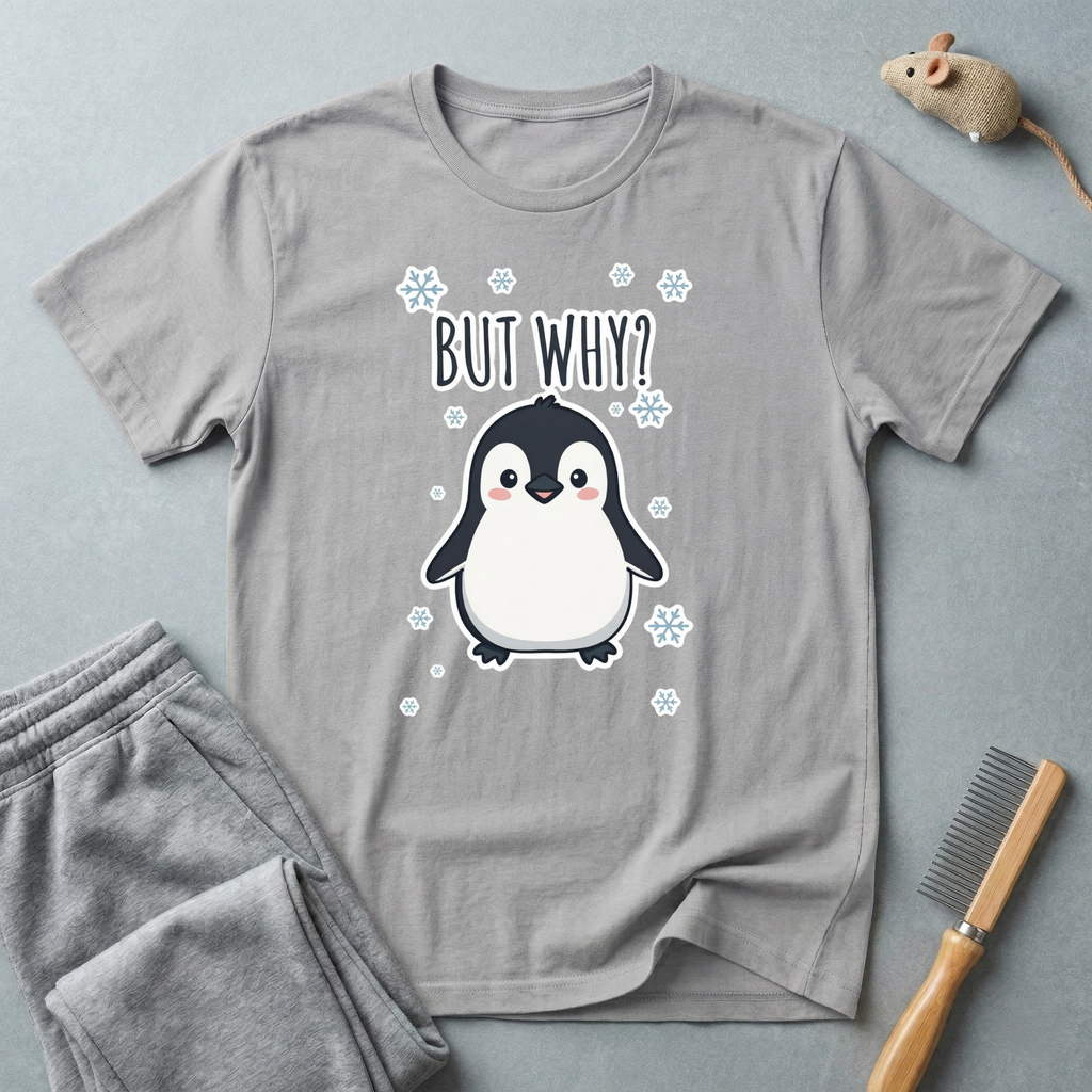 T-shirt pingouin «But Why?» — T-shirt graphique d’hiver mignon