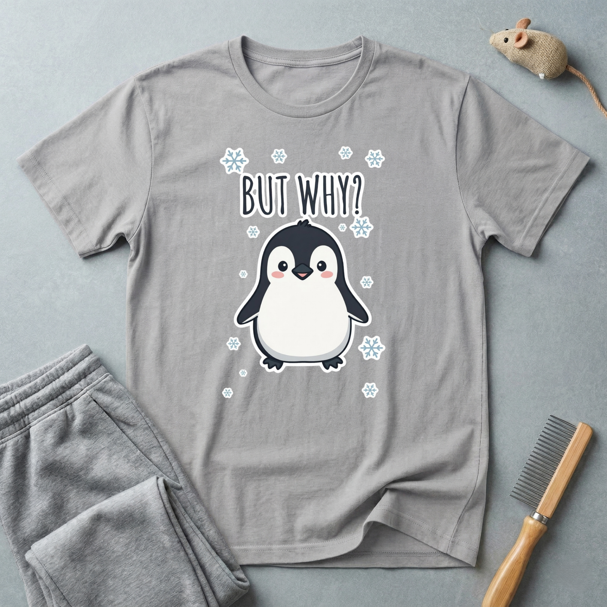 T-shirt pingouin «But Why?» — T-shirt graphique d’hiver mignon