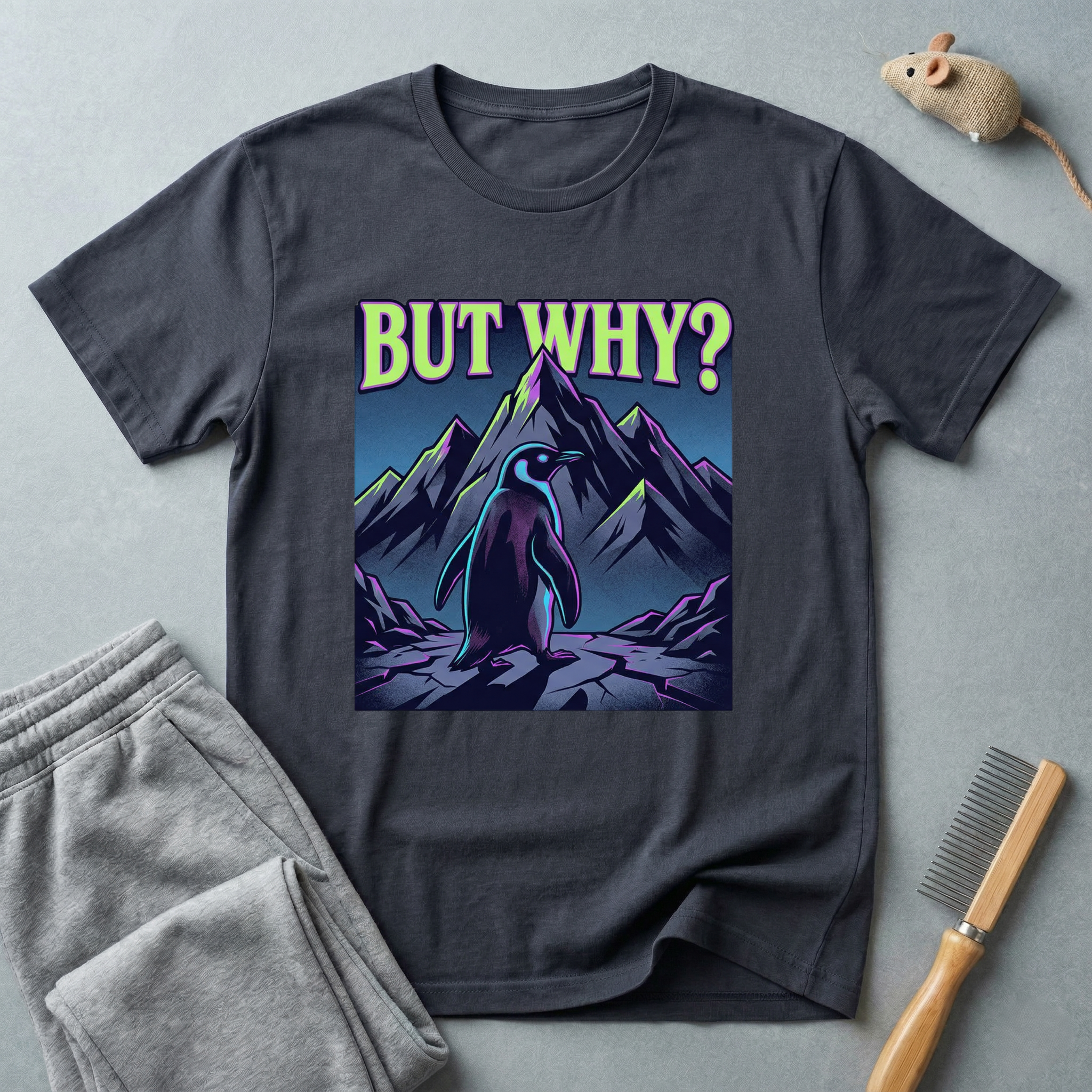 T-shirt — Silhouette de montagne minimaliste avec motif pingouin «But Why»