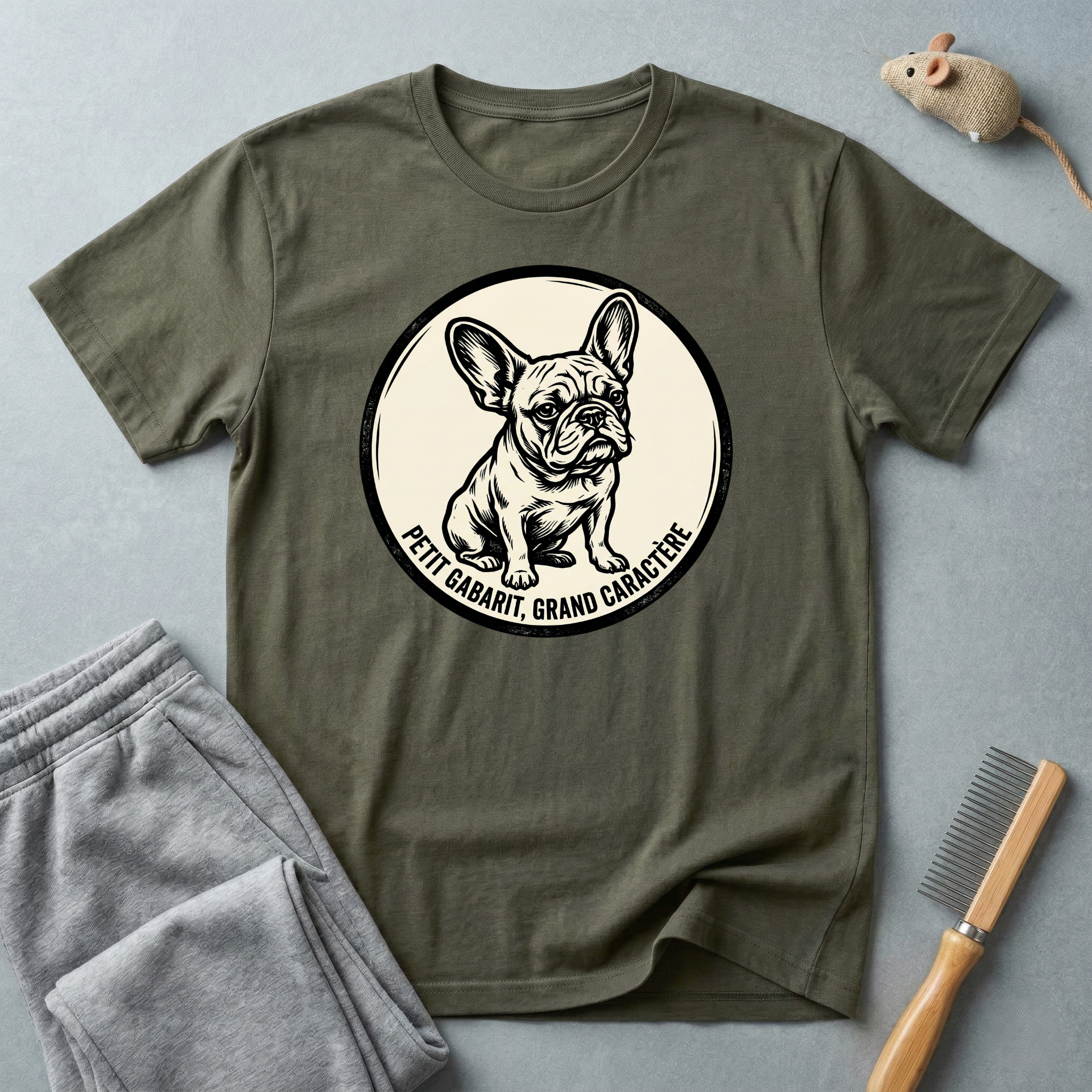 T-shirt graphique Bouledogue Français — «Courage mignon, grand caractère» Badge vintage