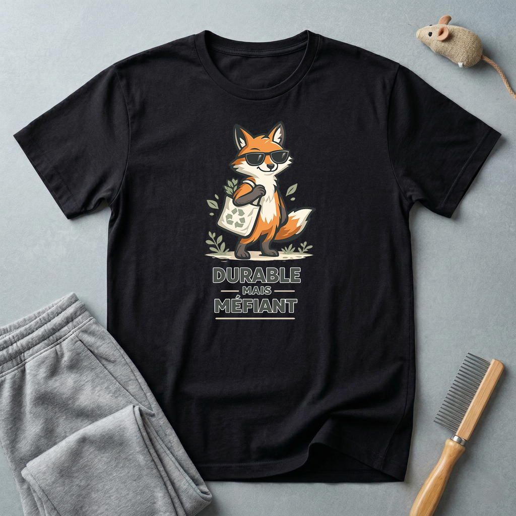 T-shirt illustration de renard — "Durable Mais Méfiant"